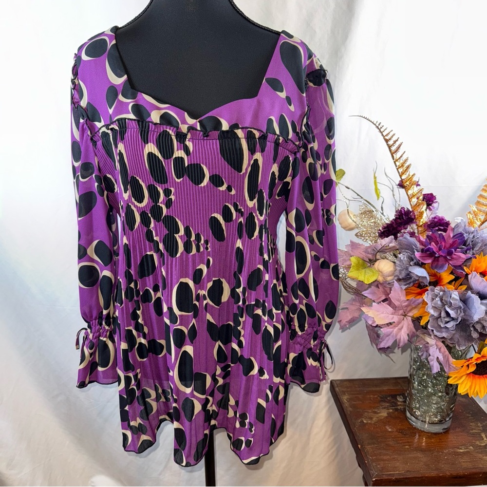 Nicola Purple Abstract Dot Tunic Dress Smocked Empire Waist Long Sleeve - Picture 1 of 7